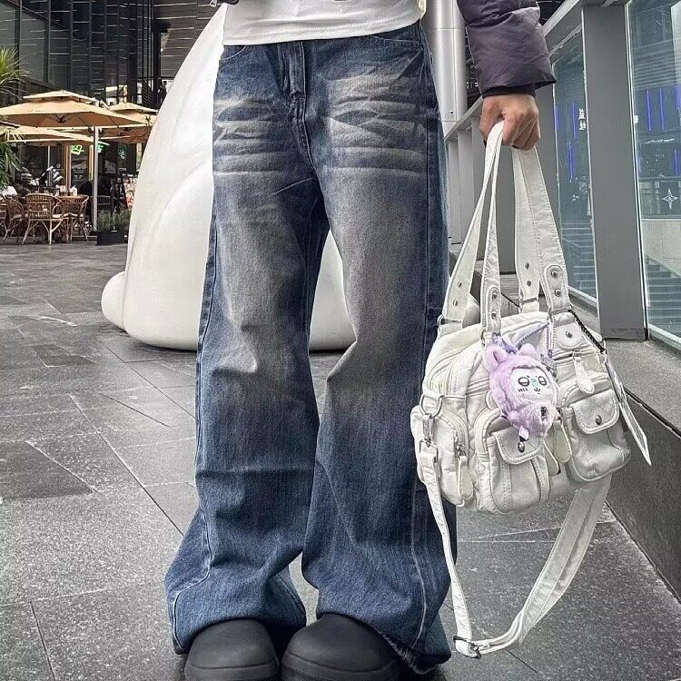 美式高街潮牌复古水洗猫须牛仔裤男宽松阔腿微喇百搭长裤子,男装牛仔裤,星座506A