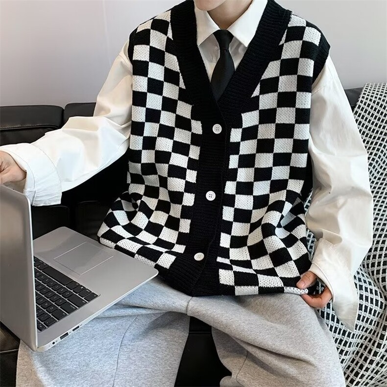 2023秋季宽松棋盘格毛衣外搭新款针织开衫休闲百搭背心M512-P42,男装背心/马甲,星座512-3