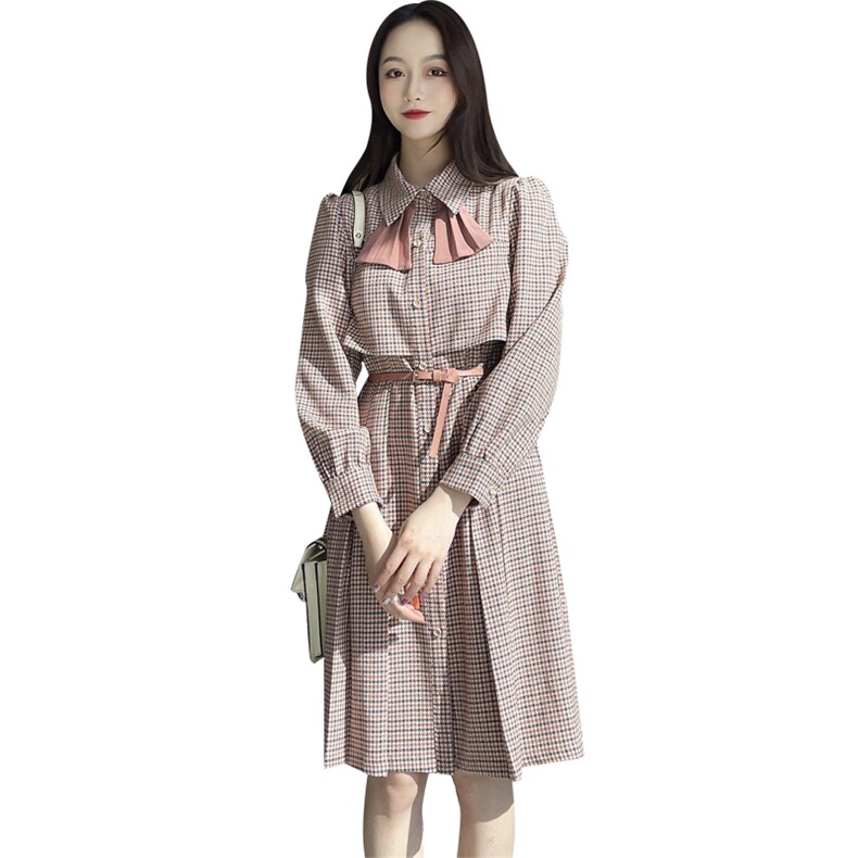 2021春季新款时尚气质拼接领格纹修身显瘦连衣裙,女装连衣裙,深水步
