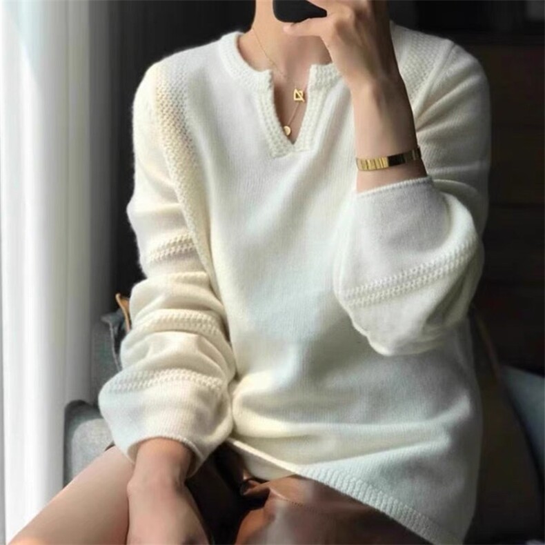 2024秋季新款V领灯笼袖纯色长袖短款毛衣,女装羊毛衫,珍珑羊绒