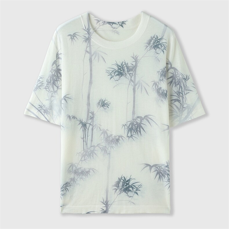 韩版短袖t恤女夏季2025新款圆领印花羊毛衫半袖薄款短款针织上衣,女装T恤,朝贺羊绒