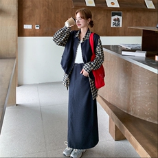 学院风格纹衬衫马甲半身裙套装女2025秋季新款休闲松弛感三件套，女装套装/套裙，2C112