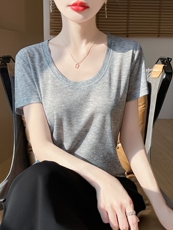 U领新款针织女短袖纯色简约百搭宽松套头，女装针织衫/毛衣，绒宛羊绒