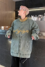 美式潮牌刺绣贴布小众设计水洗做旧春秋立领机车牛仔夹克男女外套，男装夹克，星座505-2（原电商A260-1)