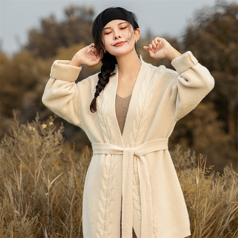 慵懒中长款山开衫女秋冬新款韩版宽松腰带针织外套大衣厚,女装羊毛衫,奢优羊绒