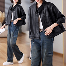 现货时尚设计感抽绳短外套女2024秋装新款今年流行小个子皮衣夹克，女装皮衣，美拉德工厂直营店