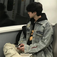 小众设计涂鸦扎染破洞蓝色牛仔外套男款潮流百搭宽松休闲夹克上衣，男装工装外套，星座601-1