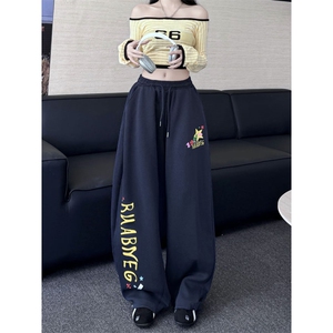 美式字母印花运动卫裤男女宽松垂感显瘦阔腿休闲裤K0859-P45图片