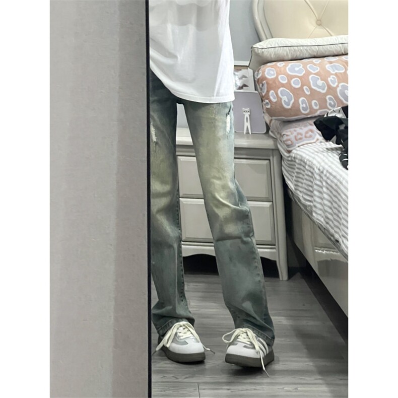 【网图有货】美式复古磨破牛仔裤男水洗做旧微喇裤K6002CC-P45图片