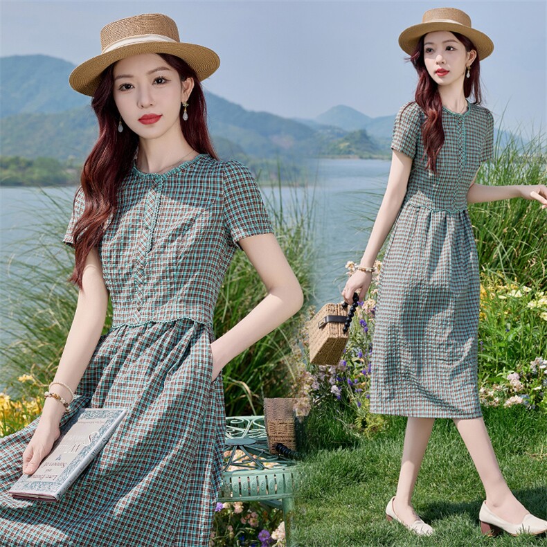时尚格子连衣裙女中长款2026夏新款高腰修身洋气减龄休闲棉麻裙子,女装连衣裙,水衣源