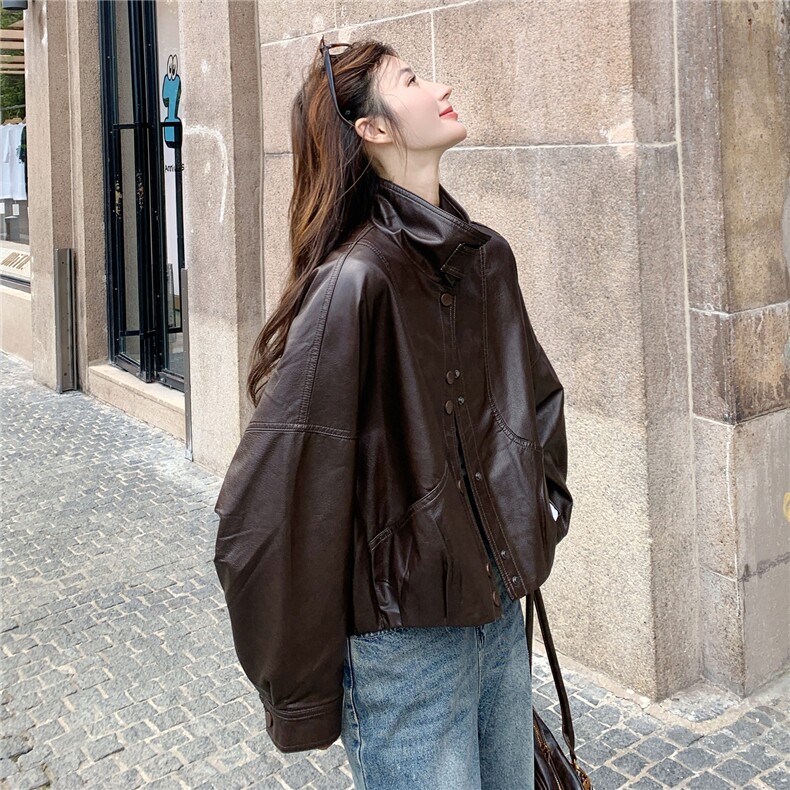 时髦复古时尚休闲皮衣外套女2025年秋季新款韩系宽松气质显瘦夹克,女装皮衣,蝶眷