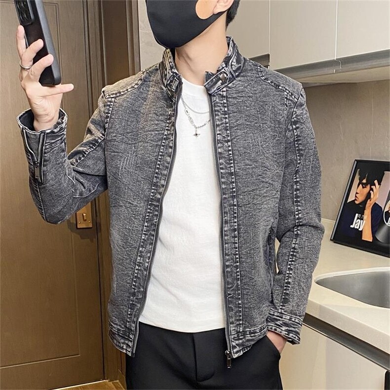JK1826-P100牛仔夹克男立领水洗复古修身潮流男士机车服外套,男装夹克,电商D310B-1
