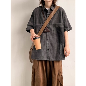 高品质夏款男短袖牛仔衬衫水洗渐变色衬衣CS27 P55图片