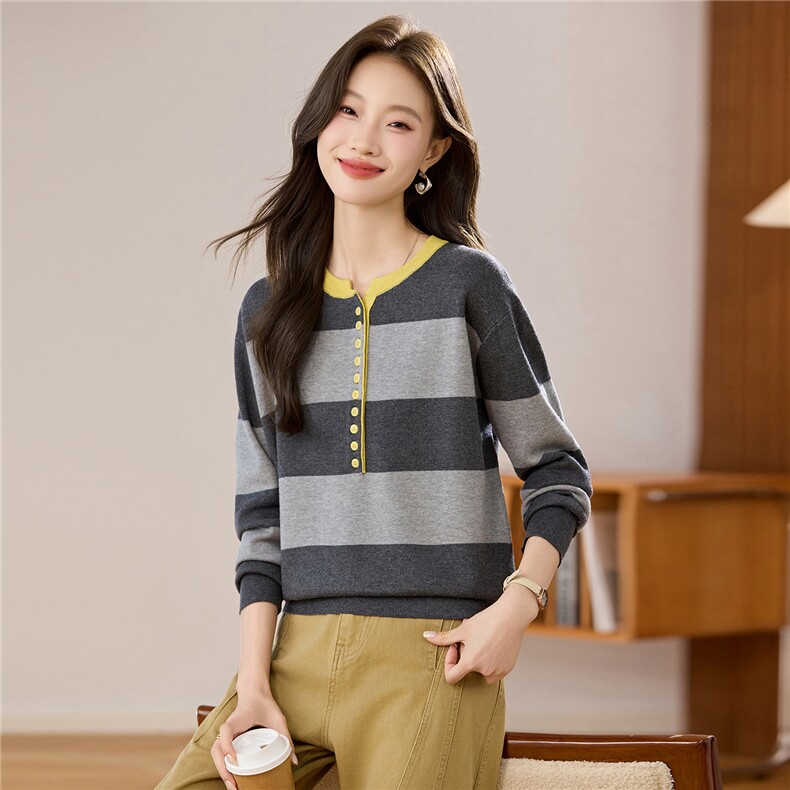 秋冬羊毛针织衫撞色时尚圆领洋气条纹新款百搭上衣宽松毛衣打底衫，女装羊毛衫，艾米