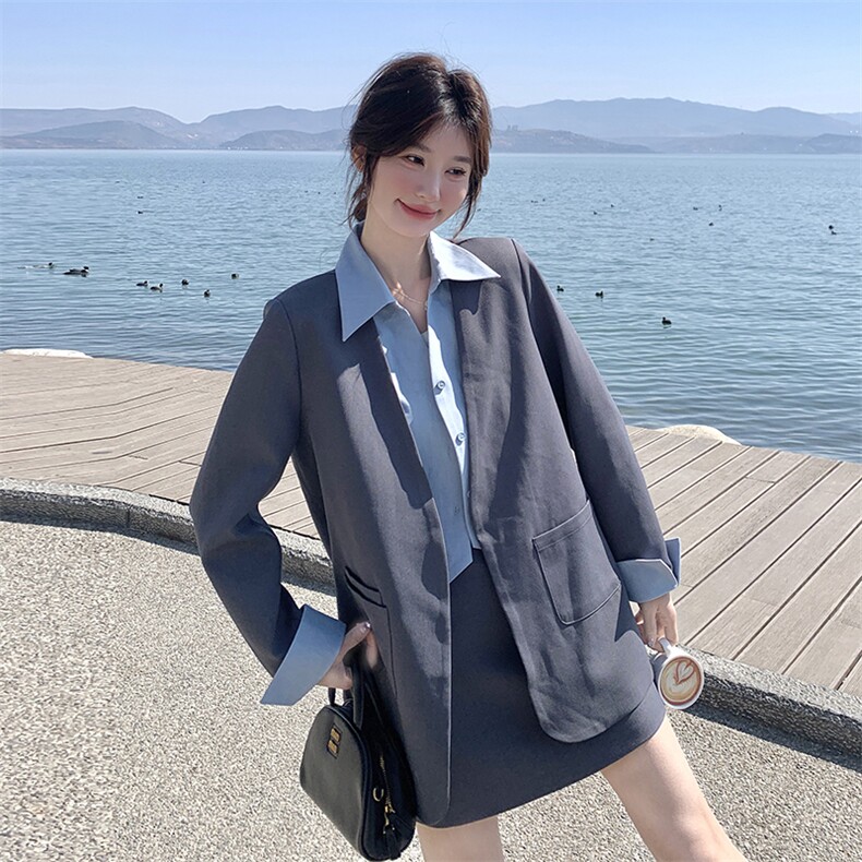 韩系高级感灰色假两件西装外套女2025春季新款气质百搭半身裙套装,女装套装/套裙,2C115
