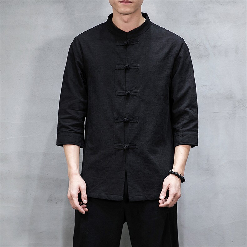 2021新款中国风男装棉麻七分袖衬衫男盘扣唐装QT6008-1/CS066/P70,男装衬衫,电商A008
