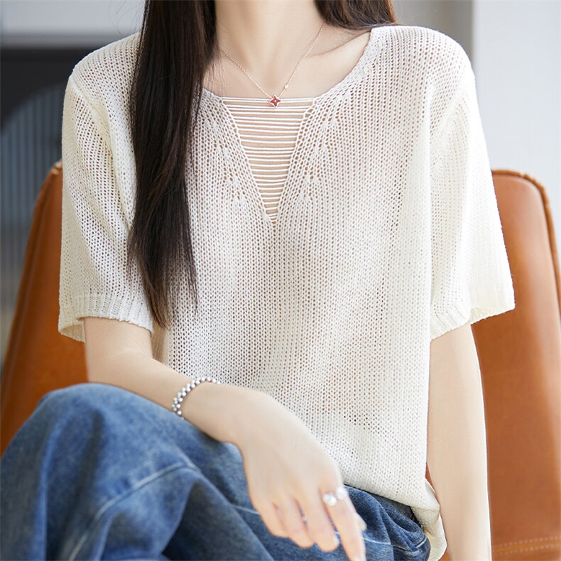 夏季v领天丝亚麻针织短袖t恤女宽松镂空显瘦套头半袖打底纯色上衣,针织衫/毛衣,唐诺