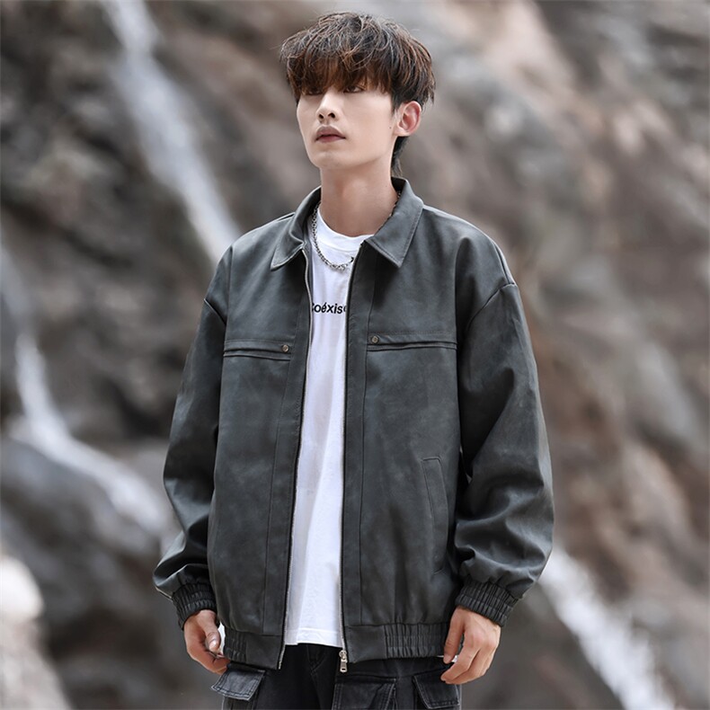 秋季皮衣休闲翻领防水机车夹克情侣外套潮流青年A266-PY011-P65，男装皮衣，电商A266