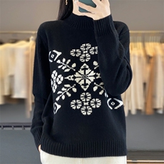 秋冬半高领100%纯羊毛衫女雪绒花拼色针织加厚毛衣宽松打底羊绒衫，女装羊毛衫，端硕羊绒