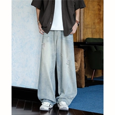 B13新款痞帅复古破洞浅蓝色牛仔裤男直筒宽松美式阔腿裤子，男装牛仔裤，星座308A-1（原309B-1）