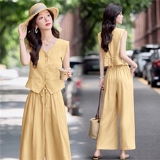 现货。老钱风亚麻阔腿裤两件套气质无袖马甲套装女夏，女装套装/套裙，E百度