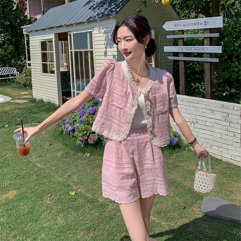 法式甜美小香风花边上衣套装女2025夏季新款宽松显瘦短裤子两件套图片