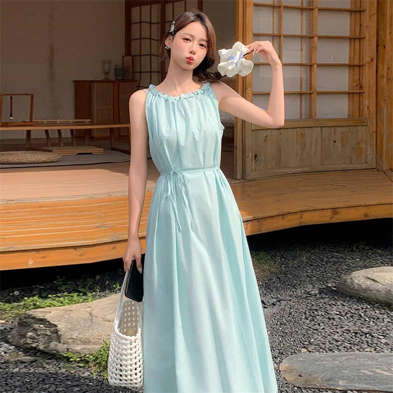 Moriirose湖蓝色立体花系带连衣裙女夏季复古收腰显瘦无袖中长裙，女装连衣裙，贝蕾酷儿