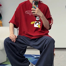 抖音得物高品质二开240克宽松纯棉美式潮牌三条杠织带短袖T恤，男装T恤，电商A486-1