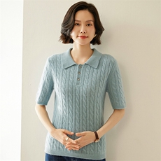 小baby山羊绒衫女春秋新款Polo领麻花短袖T恤显瘦毛衣针织打底衫，女装羊绒衫，纳丰羊绒