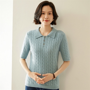 小baby山羊绒衫女春秋新款Polo领麻花短袖T恤显瘦毛衣针织打底衫图片