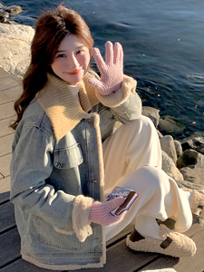 (现货新款）2025冬装时尚休闲翻领加绒牛仔外套女（领子可脱卸）图片