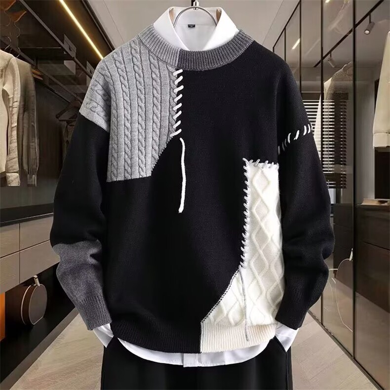 9075-P51拼接撞色毛衣男冬季美式休闲个性设计感针织衫男宽松,男装针织衫/毛衣,电商B323A
