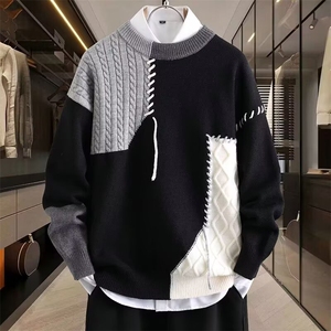9075-P51 拼接撞色毛衣男冬季美式休闲个性设计感针织衫男宽松图片