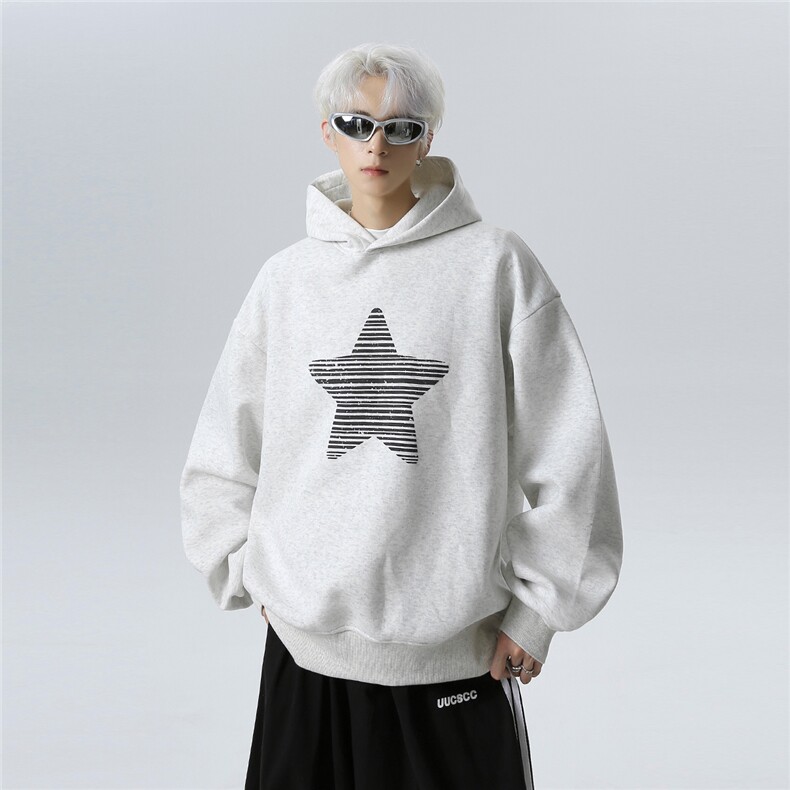 2025新款字母星星印花黑色连帽卫衣男女春秋季情侣帽衫W301-P48,男装卫衣,电商C307