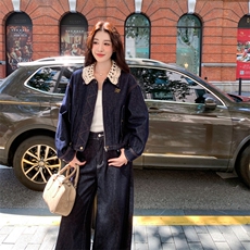 镂空领复古牛仔上衣阔腿裤套装女春秋大方得体超火俏皮活泼两件套，女装套装/套裙，2C052