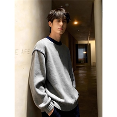 圆领针织衫男款秋冬季撞色拼接毛衣美式内搭打底上衣MZ18，男装T恤，星座516A