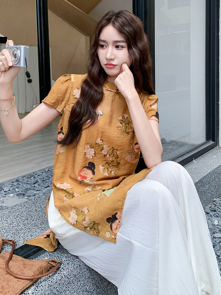 新中式复古印花改良旗袍套装女2025夏新款气质高级感阔腿裤两件套,女装套装/套裙,浙宝305