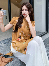 新中式复古印花改良旗袍套装女2025夏新款气质高级感阔腿裤两件套，女装套装/套裙，浙宝305
