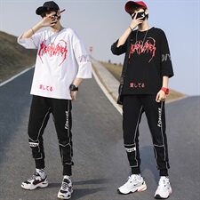 夏季新款潮牌青少年运动休闲两件套宽松T恤七分袖套装男TZ216，男装T恤，电商A441