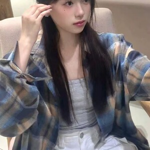 TC620-P45美式慵懒风格子衬衫外套女秋冬季衬衣小个子长袖上衣图片