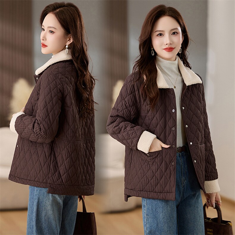 羊羔毛拼接棉衣棉服女2024冬新款休闲百搭菱格夹棉外套洋气小棉袄，女装棉衣/棉服，姿衣坊