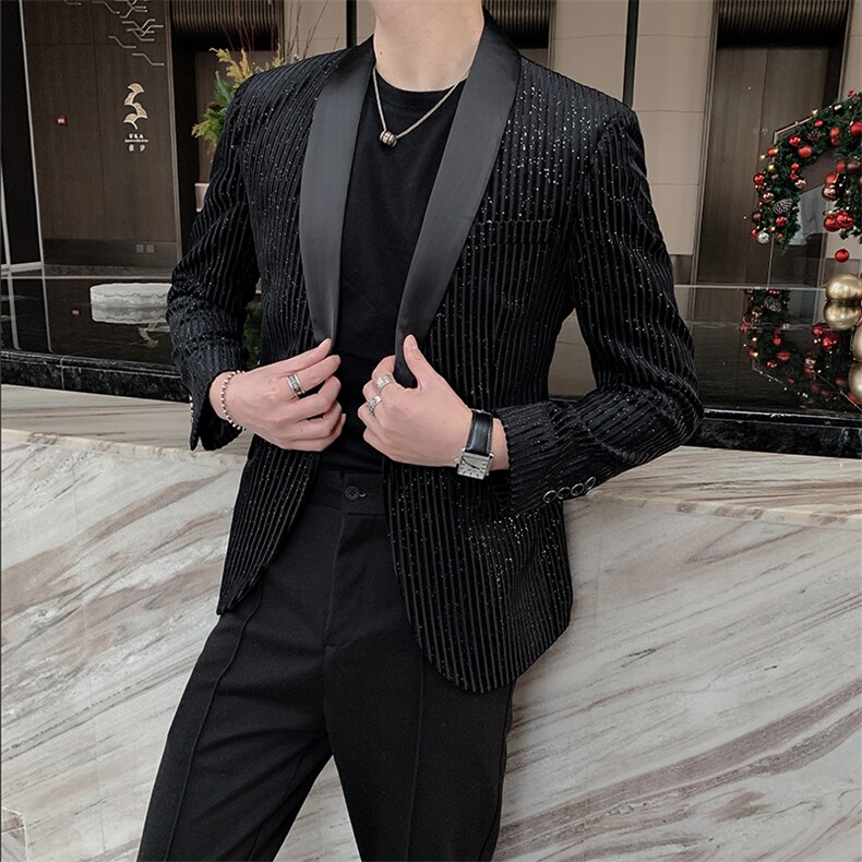 新款亮片条纹修身小西装外套男韩版网红夜店个性西服XZ021-P135,男装西服套装,电商B267