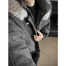 图座山雕毛领连帽休闲毛呢拼接秋冬棉服情侣款上衣外套P118，男装棉衣，电商C306-1