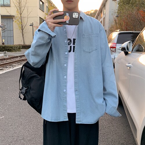 牛仔衬衫男长袖韩版潮流衬衣外套ins秋季宽松日系上衣服CS55-P45，男装衬衫，星座1008
