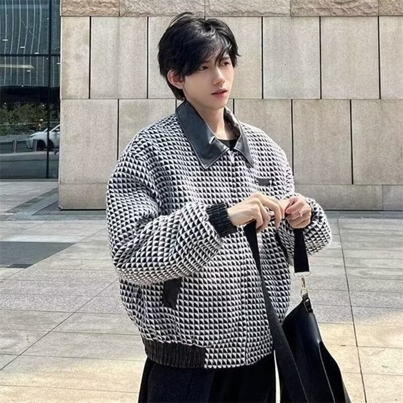 百搭千鸟格外套男女款2025年春秋季新款复古显瘦拼皮夹克上衣休闲，男装夹克，星座1210-1
