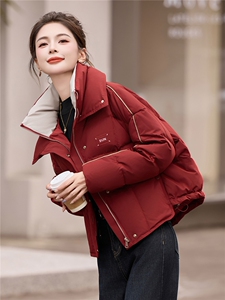 时尚撞色双层领短款羽绒服女2025冬季加厚保暖90白鸭绒面包服外套图片
