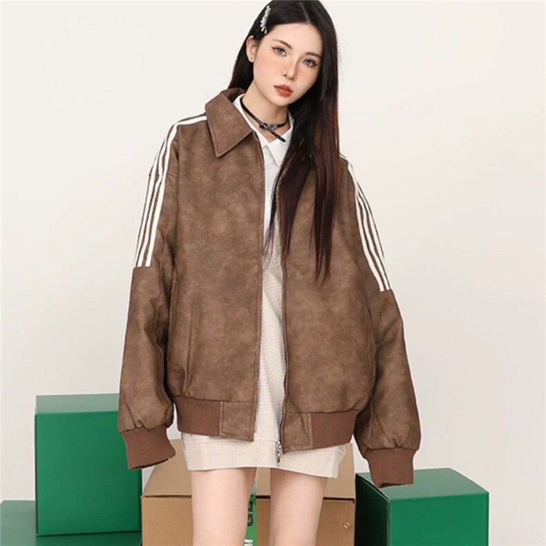 网络图现货美式复古潮牌美拉德棕条纹翻领情侣皮衣P49J5519-P65，男装皮衣，星座715-7