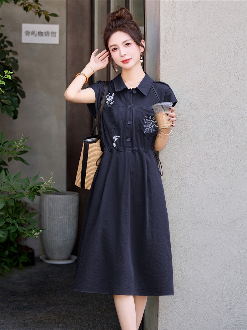 高级感刺绣翻领连衣裙女2025夏季新款减龄气质收腰显瘦休闲衬衫裙,女装连衣裙,意芙