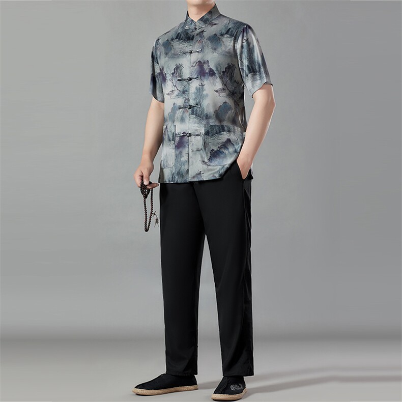 唐装男爸爸夏装短袖冰丝风衣服中老年人爷爷夏季汉服休闲套装图片