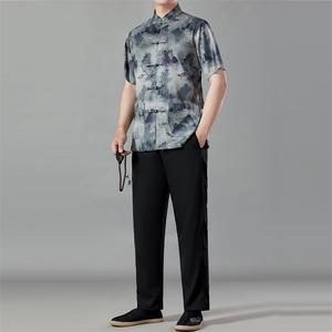 唐装男爸爸夏装短袖冰丝风衣服中老年人爷爷夏季汉服休闲套装图片